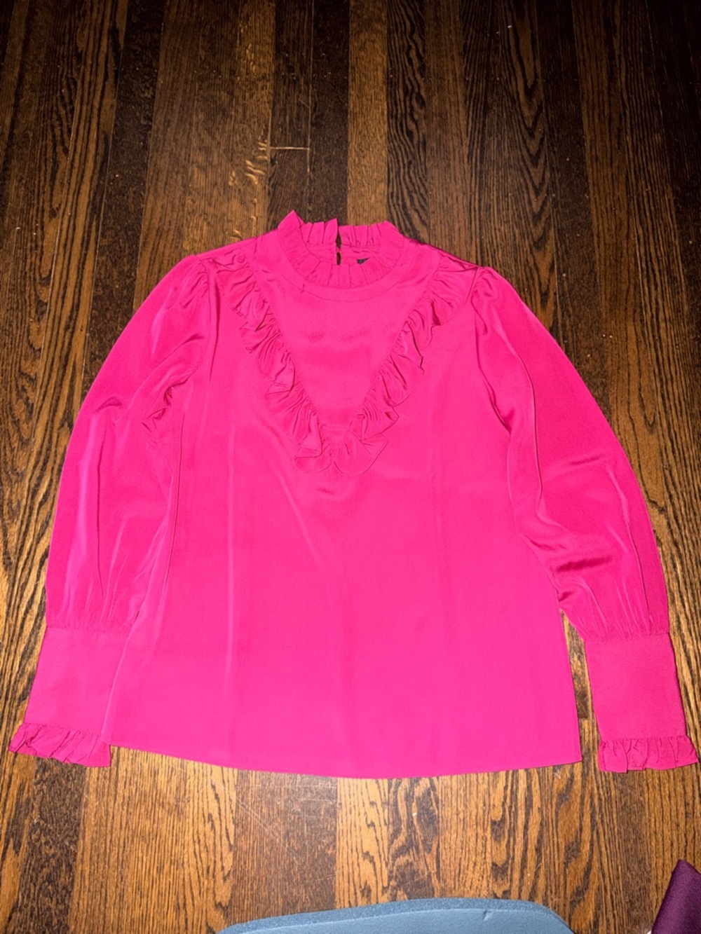 Ann Taylor Hot Pink Ruffle V-Neck Long Sleeve Blouse xs